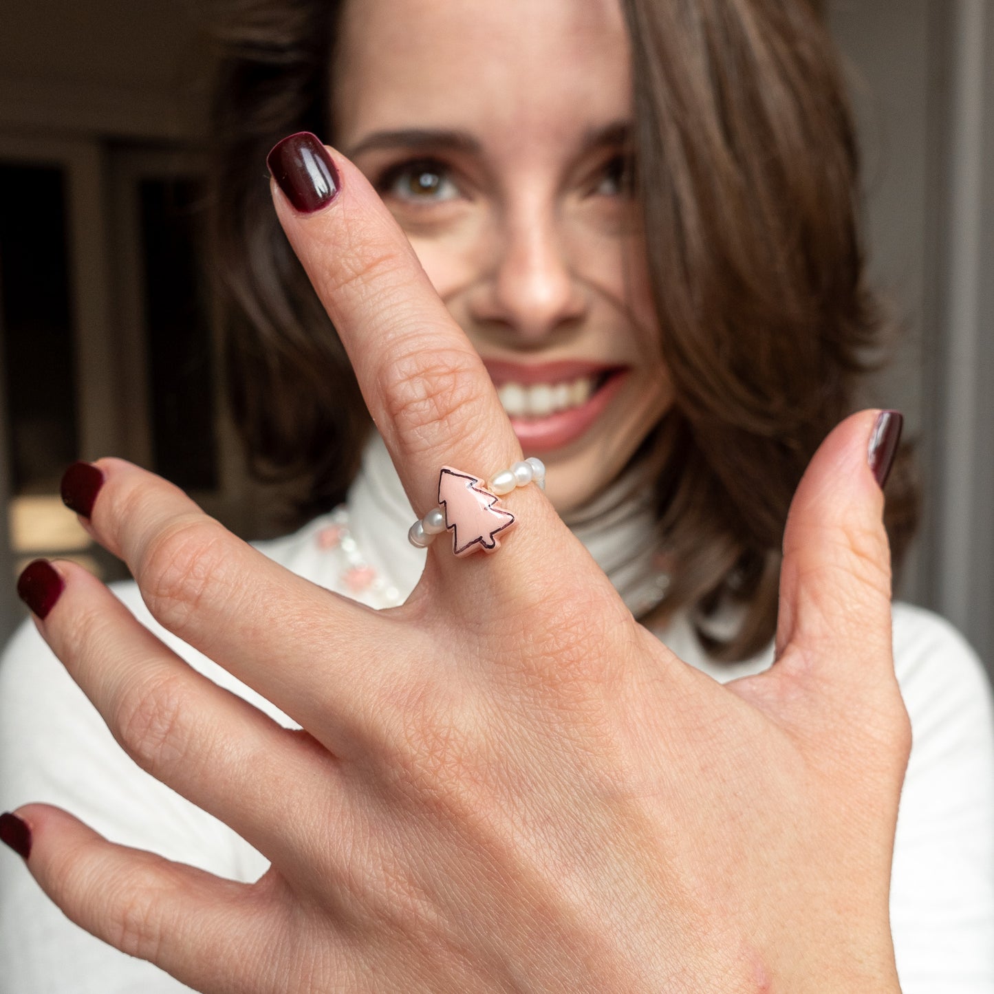 Sweet Winter pearl ring with tree